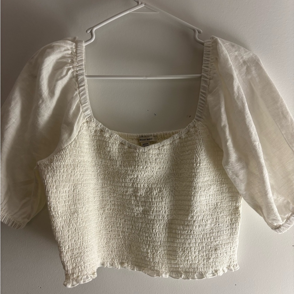 American Eagle Outfitters Cream Smocked Blouse